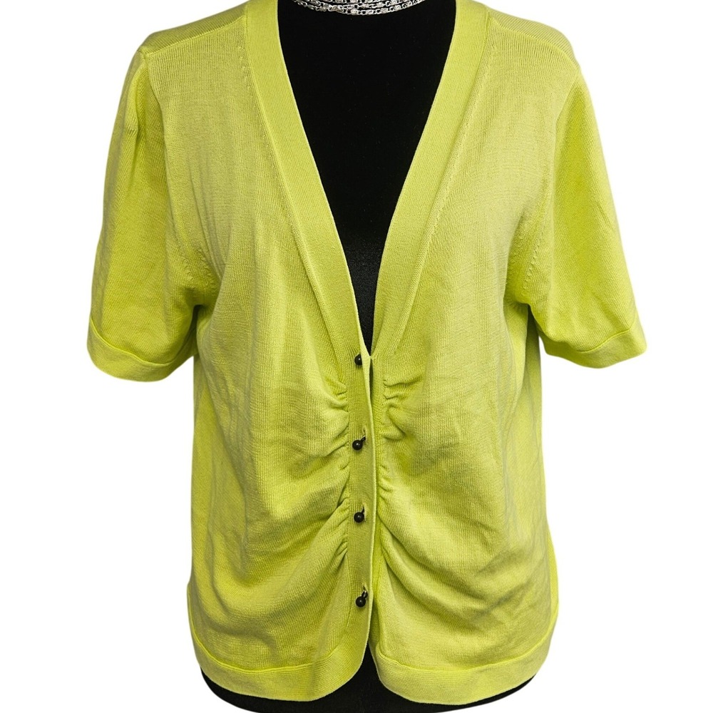 Calvin Klein Womens XL Lime Green Ruched Button Front Short Sleeve Cardigan Top